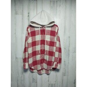 American Eagle Women's Hoodie Adult Size M Red/Off White Plaid Buttoned Shacket